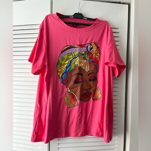 Shein NWOT Pink Tee with African-American woman w/beautiful headwrap. Size 2X